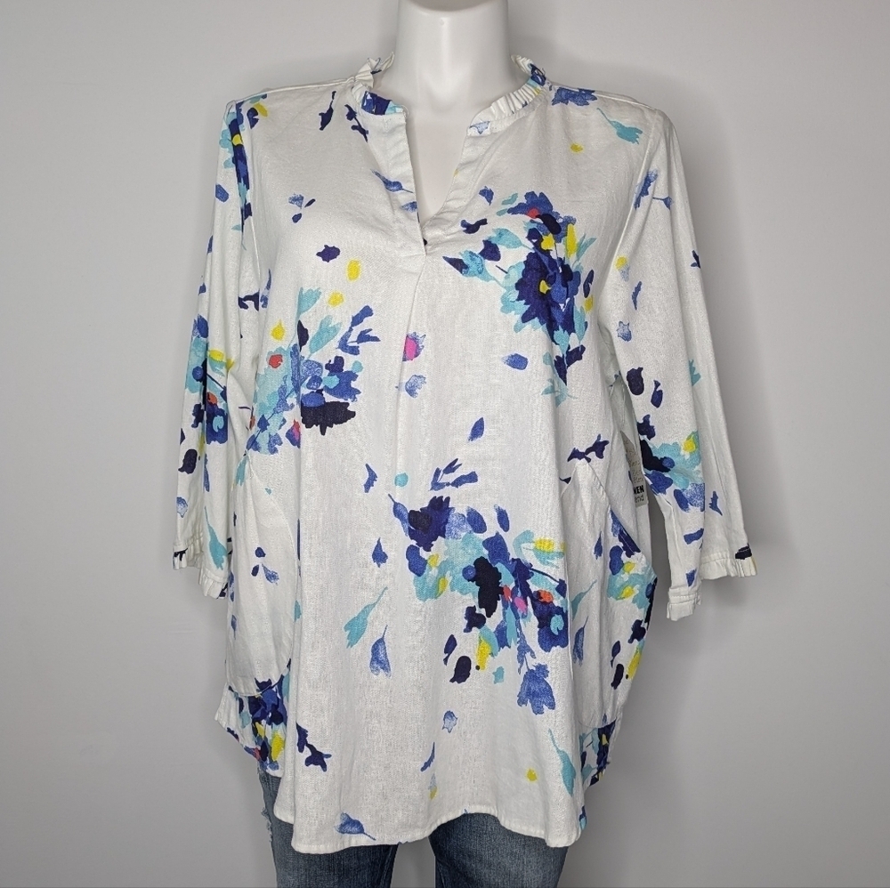 NWT For Cynthia White Blue Floral 2/3 Sleeve Linen Blend Top 1X